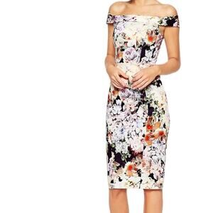 ASOS WEDDING Bardot Navy Floral Off Shoulder Pencil Dress